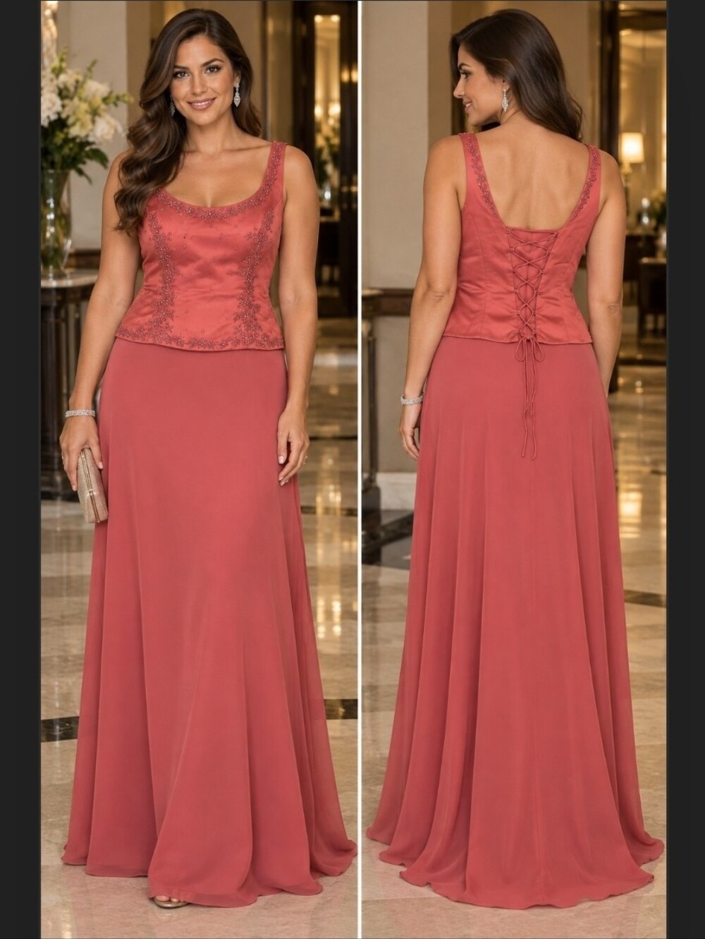 Michaelangelo Coral Pink Beaded Scoop-Neck Maxi Dress